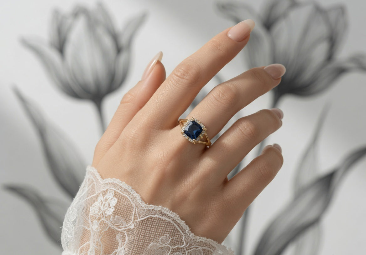 Royal Blue Square Stone Ring | Gold Plated Adjustable Ring