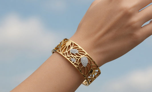 Elegant Gold Plated Leaf Design Cuff Bracelet with Stone Work for Women