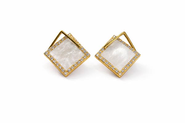 Square White Stone Gold Studs