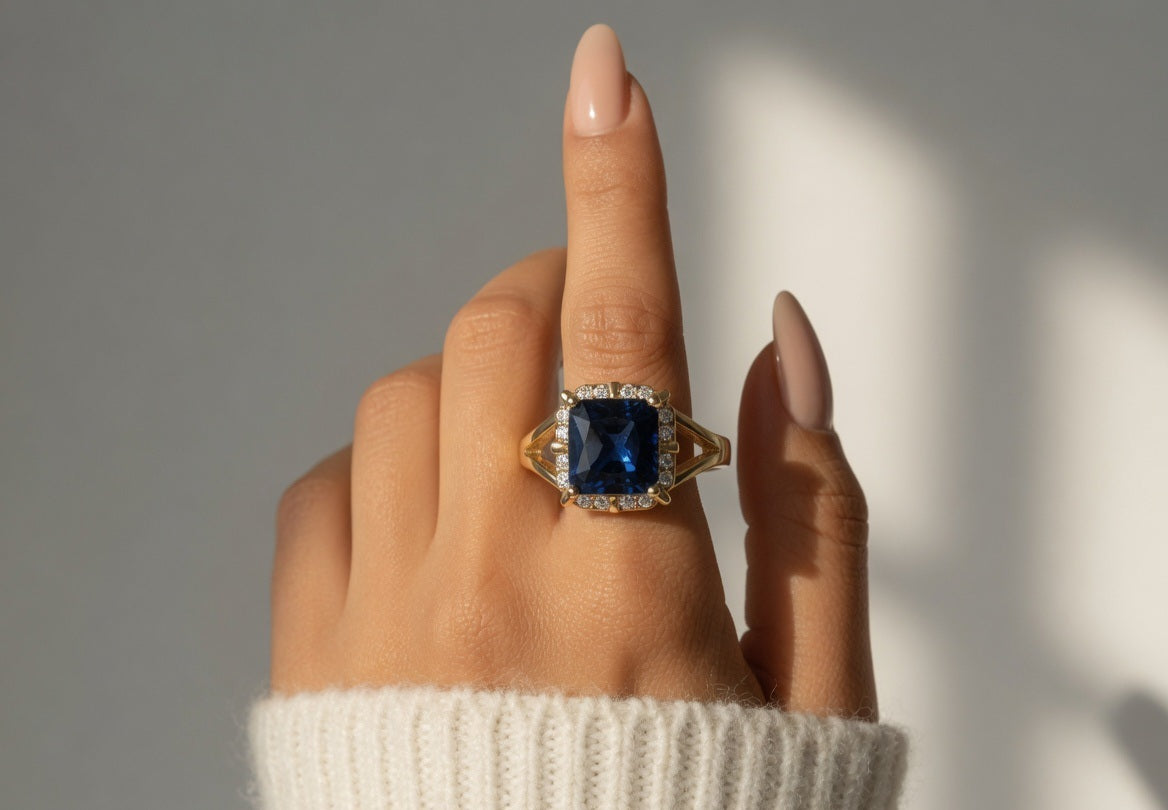 Royal Blue Square Stone Ring | Gold Plated Adjustable Ring
