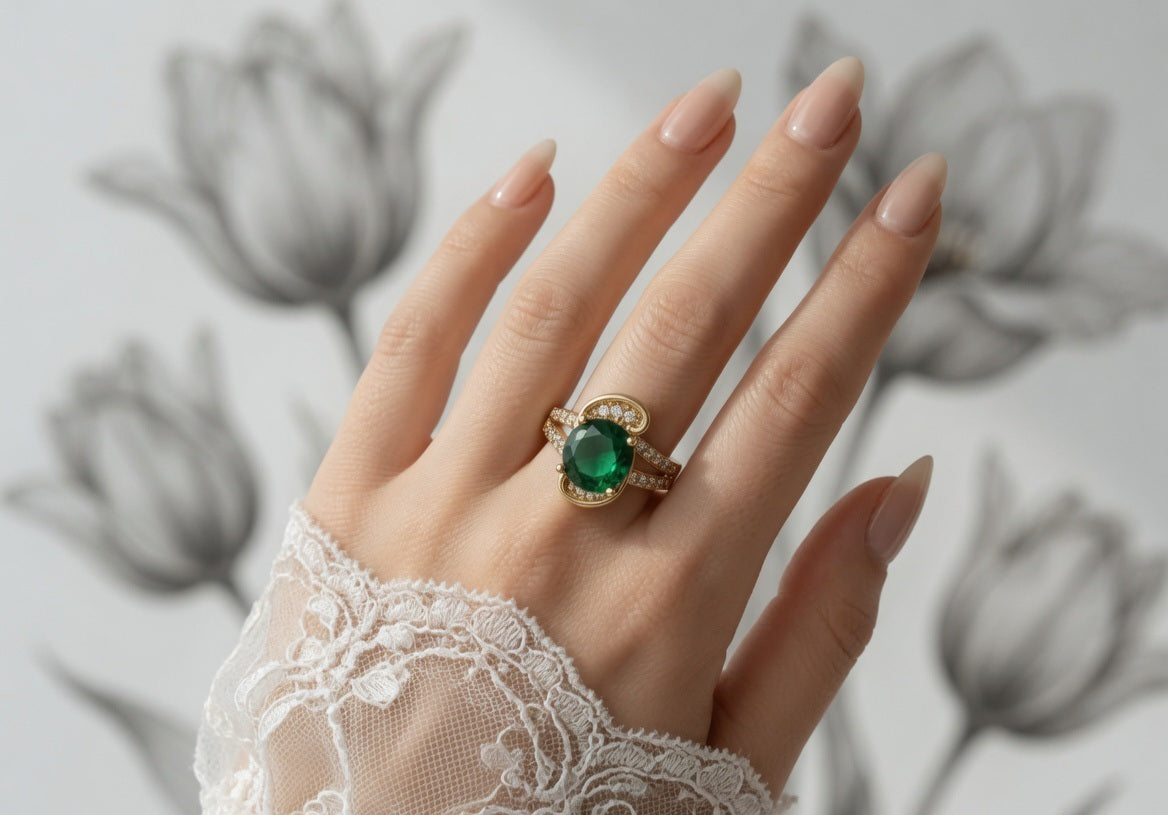 Golden Green Stone Designer Ring | Elegant Adjustable Ring