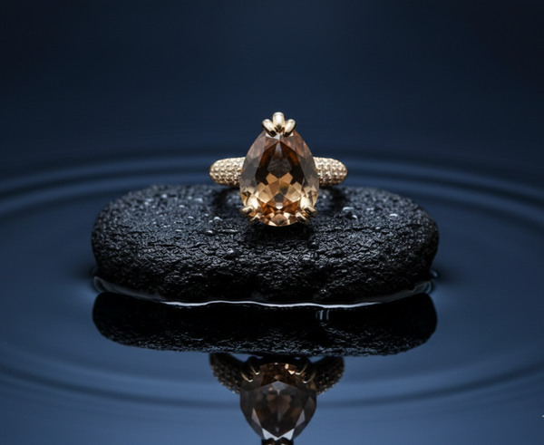 Champagne Pear Halo Gold Ring