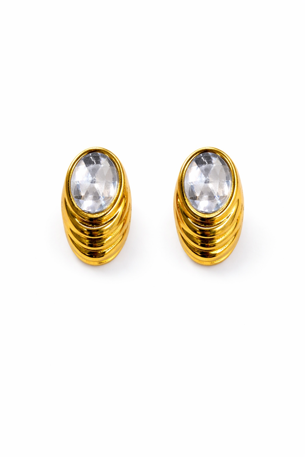 Gold Oval Crystal Stud Earrings